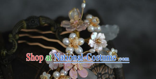 China Ancient Princess Shell Flowers Hairpin Ming Dynasty Young Lady Pearls Hair Comb Traditional Hanfu Headdress