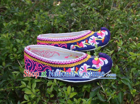 Chinese Ethnic Female Shoes Traditional Yi Nationality Shoes National Deep Blue Embroidered Shoes Handmade Strong Cloth Soles Shoes