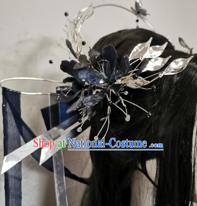 China Handmade Navy Ribbon Hair Crown Traditional Hanfu Cosplay Swordswoman Hair Accessories Ancient Fairy Headdress