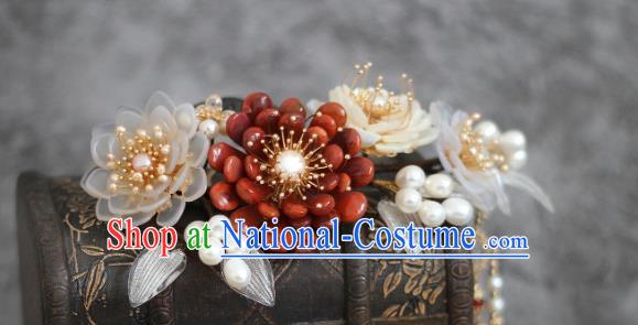 China Ancient Princess Pearls Hairpin Ming Dynasty Young Lady Agate Chrysanthemum Hair Stick Traditional Hanfu Headpiece