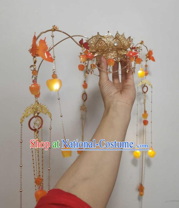 China Cosplay Swordswoman Hair Accessories Ancient Fairy Lanterns Headdress Handmade Traditional Hanfu Golden Lotus Hair Crown