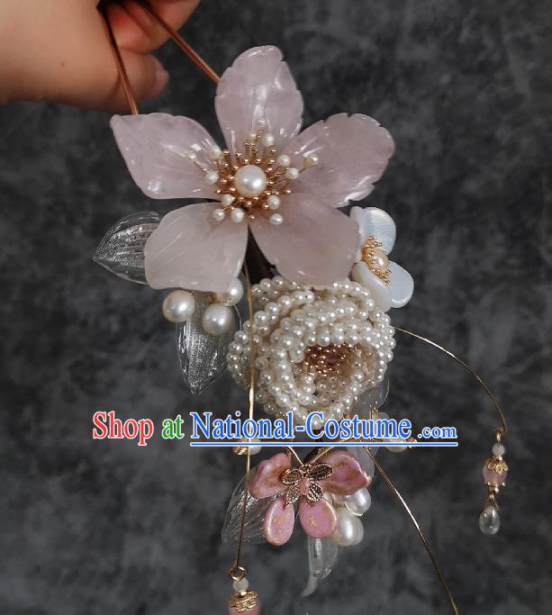 China Ancient Princess Peach Blossom Hairpin Ming Dynasty Pearls Hair Stick Traditional Hanfu Hair Accessories