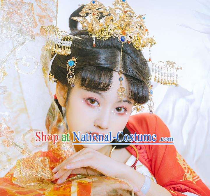 China Handmade Traditional Hanfu Golden Phoenix Coronet Ancient Princess Tassel Hairpin Tang Dynasty Hair Accessories Complete Set