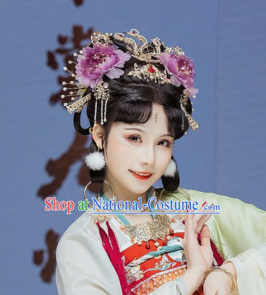 China Tang Dynasty Hair Accessories Handmade Traditional Hanfu Golden Phoenix Hair Crown Ancient Princess Hairpin Complete Set