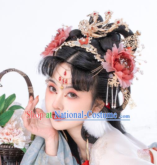 China Tang Dynasty Red Silk Peony Hair Stick Handmade Traditional Hanfu Hair Accessories Ancient Princess Hairpin