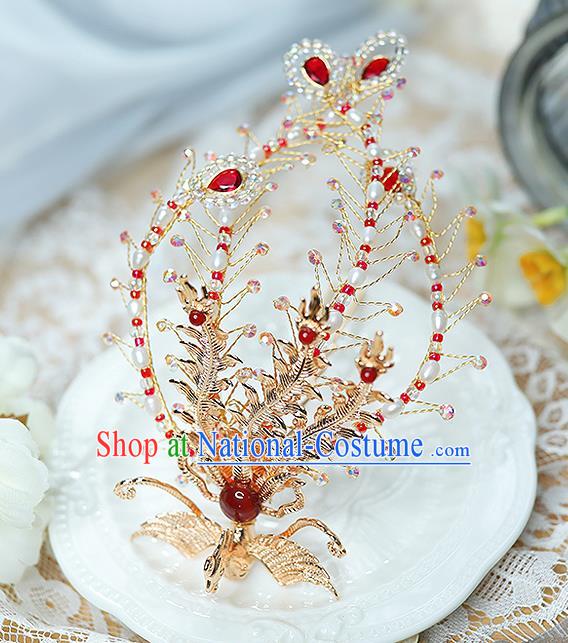 China Ancient Empress Phoenix Hairpin Handmade Ming Dynasty Court Lady Golden Hair Crown Traditional Hanfu Hair Accessories