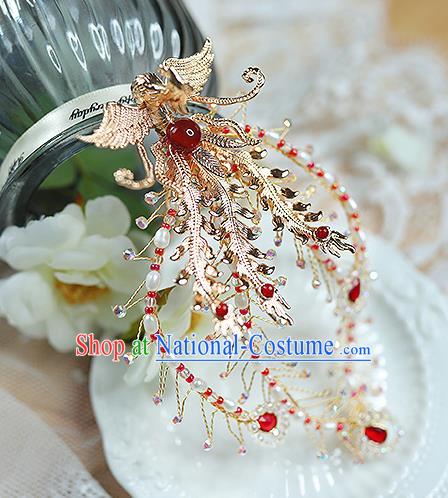 China Ancient Empress Phoenix Hairpin Handmade Ming Dynasty Court Lady Golden Hair Crown Traditional Hanfu Hair Accessories