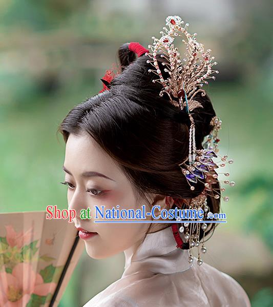 China Ancient Empress Phoenix Hairpin Handmade Ming Dynasty Court Lady Golden Hair Crown Traditional Hanfu Hair Accessories