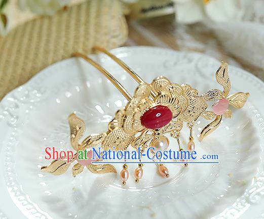 China Traditional Hanfu Hair Accessories Ancient Empress Hairpin Handmade Ming Dynasty Golden Peony Hair Stick