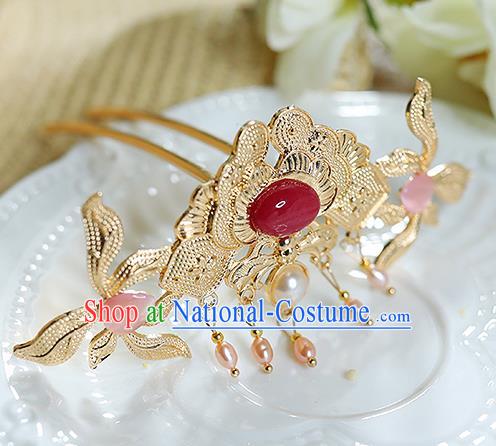 China Traditional Hanfu Hair Accessories Ancient Empress Hairpin Handmade Ming Dynasty Golden Peony Hair Stick