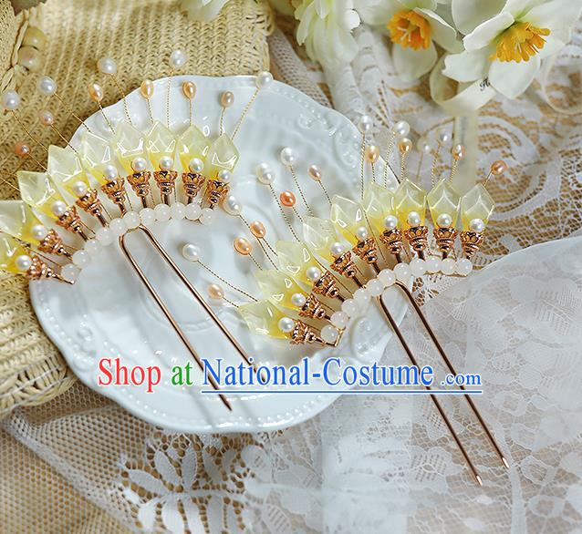 China Handmade Ancient Princess Yellow Flower Petals Hairpin Traditional Ming Dynasty Hair Stick