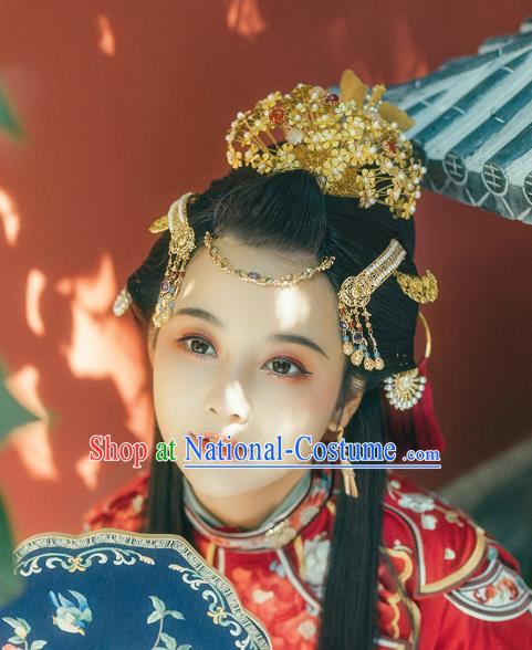 China Handmade Ancient Court Woman Hair Accessories Traditional Ming Dynasty Empress Golden Moth Hair Crown