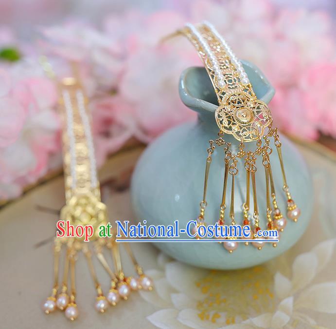 China Handmade Ancient Court Queen Pearls Tassel Hair Sticks Traditional Ming Dynasty Empress Golden Hairpins