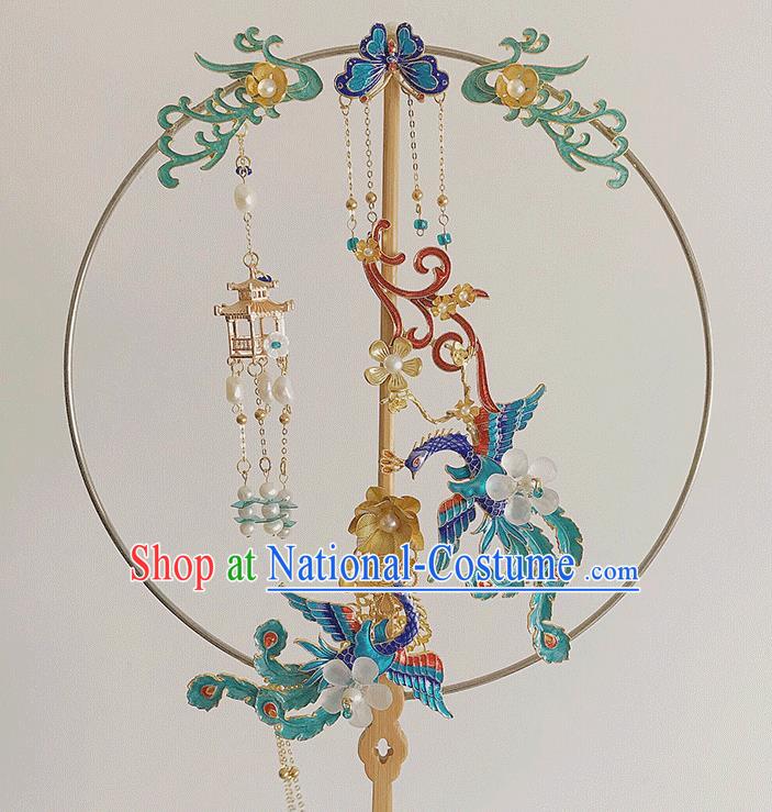 Chinese Handmade Cloisonne Phoenix Fans Bride Circular Fan Traditional Wedding Prop Fan Classical Dance Palace Fan