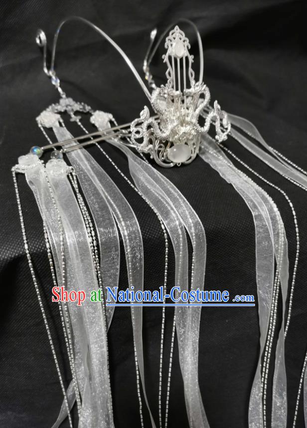 Chinese Ancient Prince Argent Hair Crown Traditional Hanfu Ribbon Tassel Headwear Cosplay Swordsman Chu Wanning Hair Accessories