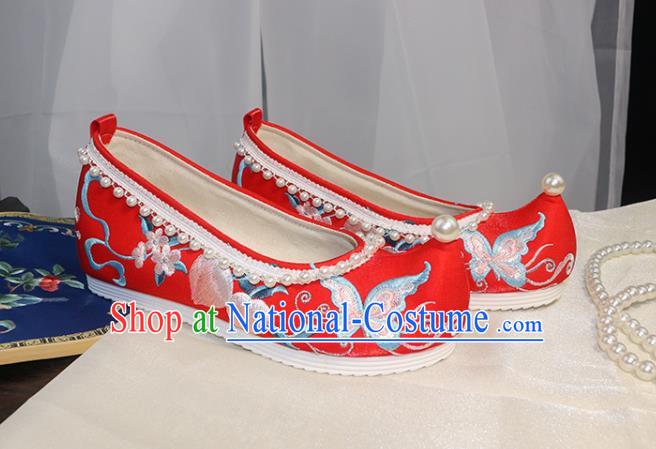 Chinese Wedding Pearls Shoes Traditional Hanfu Shoes Ancient Princess Shoes Ming Dynasty Red Embroidered Shoes