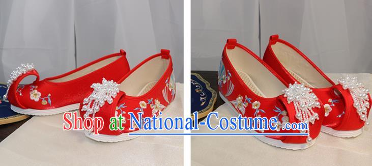 Chinese Ming Dynasty Red Embroidered Shoes Wedding Pearls Tassel Shoes Traditional Hanfu Shoes Ancient Princess Shoes