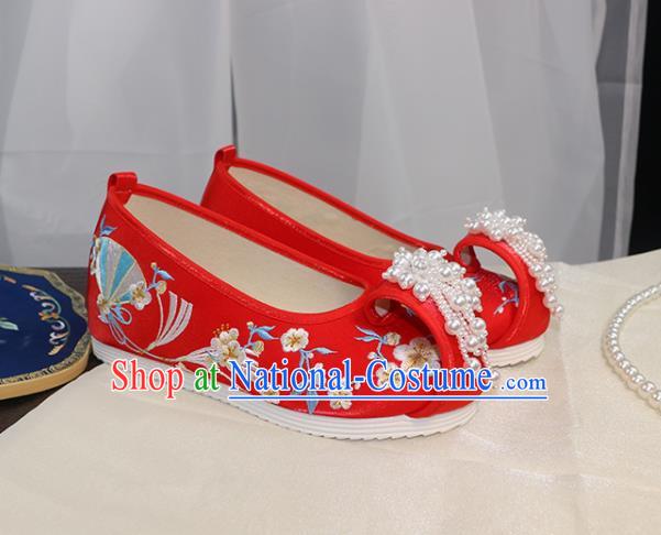 Chinese Ming Dynasty Red Embroidered Shoes Wedding Pearls Tassel Shoes Traditional Hanfu Shoes Ancient Princess Shoes