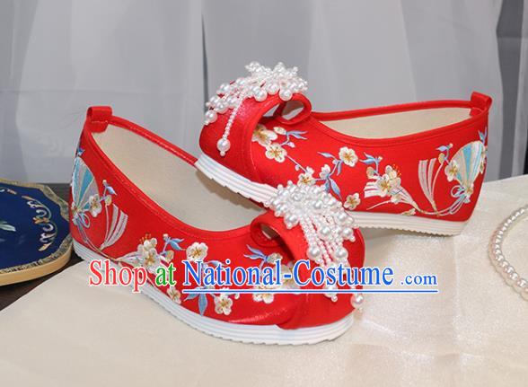 Chinese Ming Dynasty Red Embroidered Shoes Wedding Pearls Tassel Shoes Traditional Hanfu Shoes Ancient Princess Shoes