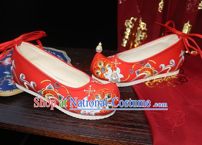 Chinese Wedding Red Cloth Shoes Traditional Hanfu Shoes Ancient Princess Shoes Ming Dynasty Embroidered Shoes