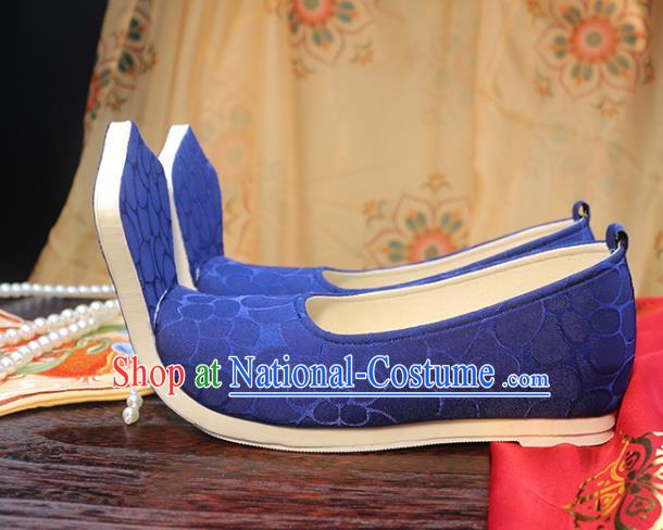 Chinese Ancient Princess Shoes Tang Dynasty Embroidered Shoes Royalblue Cloth Shoes Traditional Hanfu Shoes