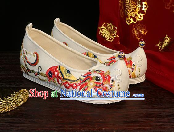 Chinese Traditional Ming Dynasty Hanfu Shoes Ancient Princess Bow Shoes Embroidered Lion Shoes White Satin Shoes