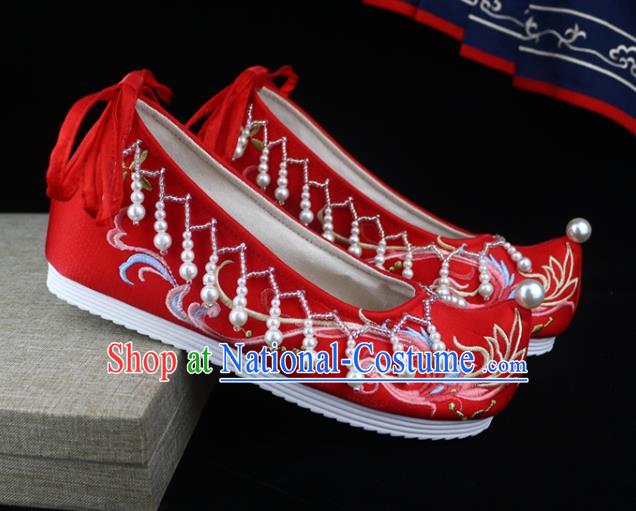 Chinese Wedding Embroidered Shoes Red Satin Shoes Traditional Ming Dynasty Hanfu Shoes Ancient Princess Bow Shoes