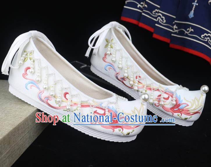 Chinese Traditional Ming Dynasty Hanfu Shoes Ancient Princess Bow Shoes Embroidered Shoes White Satin Shoes