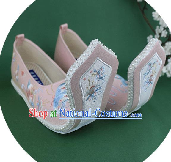 Chinese Embroidered Butterfly Pink Cloth Shoes Traditional Zhou Dynasty Hanfu Shoes Ancient Princess Shoes