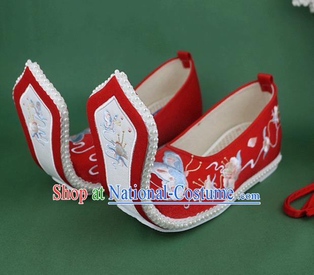 Chinese Ancient Princess Wedding Shoes Embroidered Butterfly Red Cloth Shoes Traditional Zhou Dynasty Hanfu Shoes