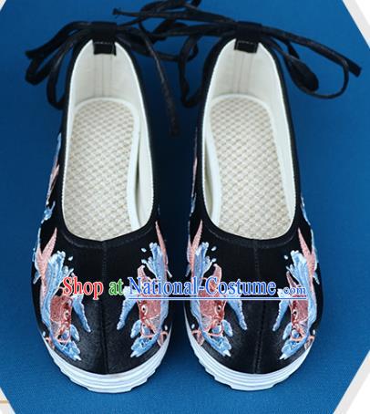 Chinese Ancient Princess Hanfu Shoes Traditional Ming Dynasty Embroidered Shoes Handmade Black Cloth Shoes