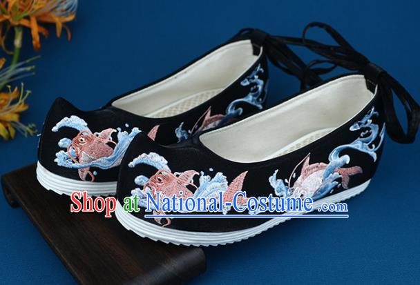 Chinese Ancient Princess Hanfu Shoes Traditional Ming Dynasty Embroidered Shoes Handmade Black Cloth Shoes