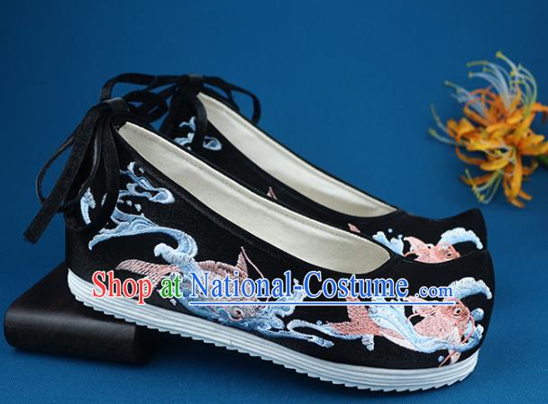 Chinese Ancient Princess Hanfu Shoes Traditional Ming Dynasty Embroidered Shoes Handmade Black Cloth Shoes