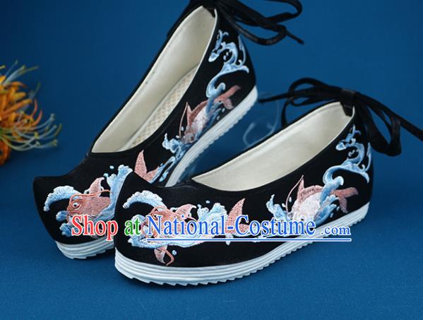 Chinese Ancient Princess Hanfu Shoes Traditional Ming Dynasty Embroidered Shoes Handmade Black Cloth Shoes