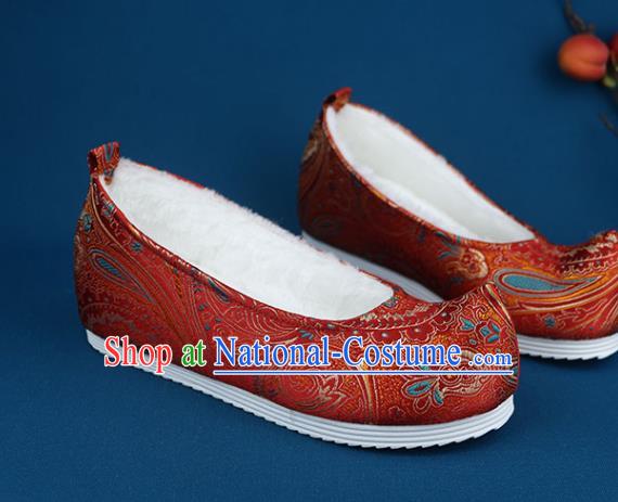 Chinese Traditional Red Brocade Shoes Ming Dynasty Satin Shoes Handmade Wedding Shoes Ancient Princess Shoes