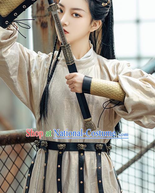 China Ancient Female Swordsman Hanfu Garments Traditional Tang Dynasty Historical Clothing Embroidered Round Collar Robe for Women