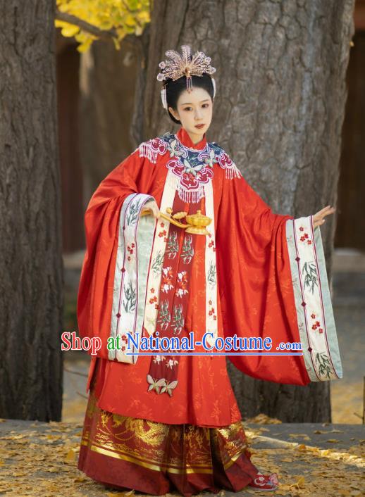 China Traditional Wedding Hanfu Garments Ming Dynasty Imperial Consort Embroidered Red Dress Ancient Noble Woman Historical Clothing