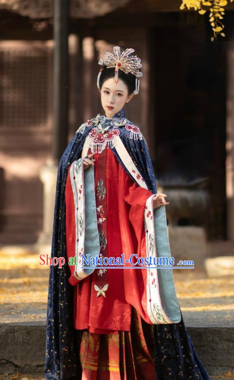 China Ancient Noble Woman Historical Clothing Traditional Hanfu Long Cloak Garment Ming Dynasty Imperial Consort Navy Cape