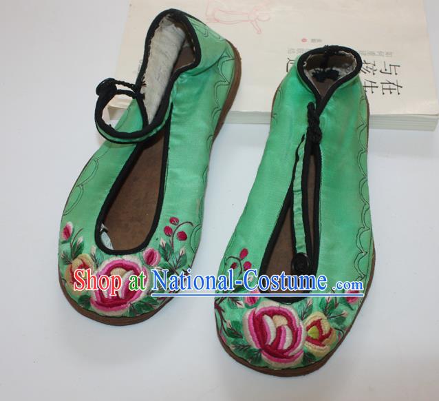 Chinese Traditional Embroidered Shoes Handmade National Woman Shoes Folk Dance Green Satin Shoes