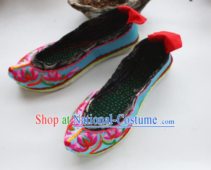 Chinese Traditional Ethnic Embroidered Shoes Handmade Yi Nationality Female Shoes Yunnan Blue Satin Shoes