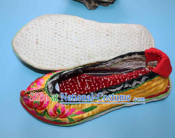 Chinese Handmade Yunnan Ethnic Yellow Satin Shoes Traditional Embroidered Shoes Yi Nationality Female Shoes