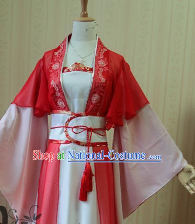 China Cosplay Swordswoman Jun Fu Clothing Ancient Palace Lady Garments Traditional Jin Dynasty Princess Red Hanfu Dress