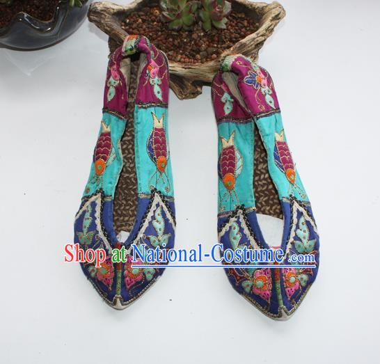 Chinese Handmade Shui Nationality Bride Shoes Yunnan Ethnic Blue Cloth Shoes Traditional Embroidered Shoes