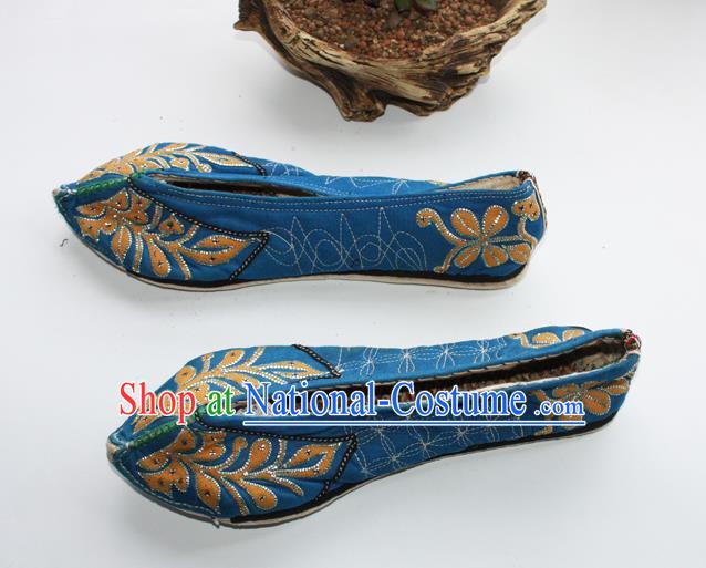 Chinese Traditional Blue Cloth Shoes Embroidered Shoes Handmade Shui Nationality Female Shoes Yunnan Ethnic Shoes