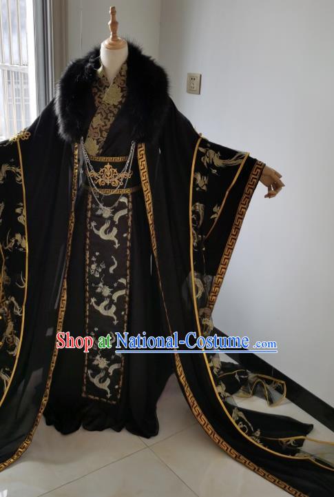 Chinese Traditional Qin Dynasty King Black Apparels Ancient Emperor Garment Costumes Cosplay Swordsman Ye Hua Hanfu Clothing