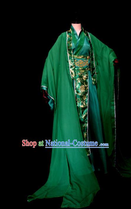 Chinese Ancient Crown Prince Garment Costumes Cosplay Swordsman Green Hanfu Clothing Traditional Qin Dynasty King Apparels