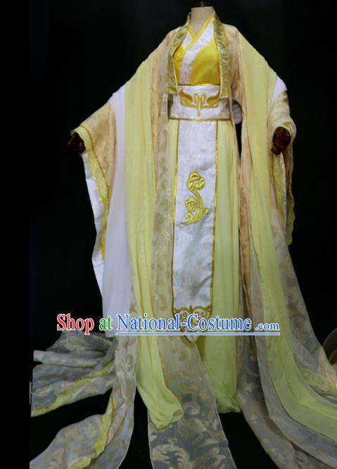 China Traditional Qin Dynasty Empress Yellow Hanfu Dress Cosplay Swordswoman Clothing Ancient Royal Queen Garments