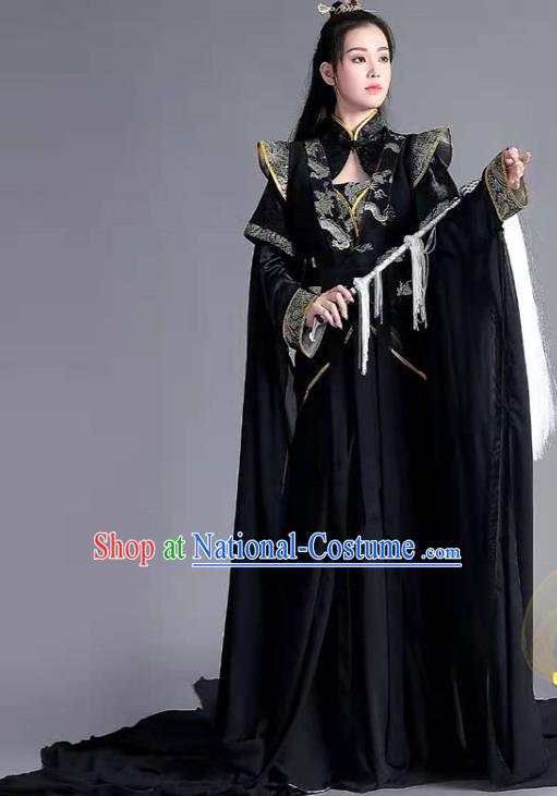 China Ancient Taoist Nun Garments Traditional Song Dynasty Black Hanfu Dress Cosplay Swordswoman Xuan Nv Clothing