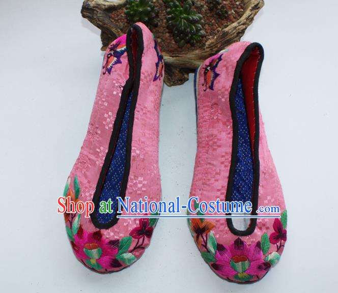 Chinese Handmade Pink Satin Shoes Yi Nationality Embroidered Shoes Yunnan Ethnic Dance Shoes