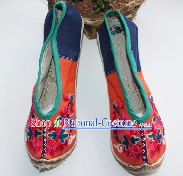 Chinese Yi Nationality Orange Embroidered Shoes Yunnan Ethnic Folk Dance Shoes Handmade Strong Cloth Soles Shoes